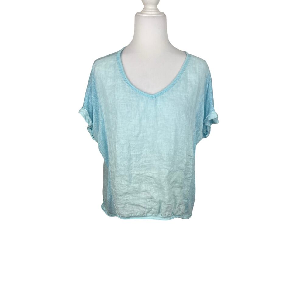 Belle France Women's Linen Short Sleeve Breezy V-Neck Blue Top Made in Italy